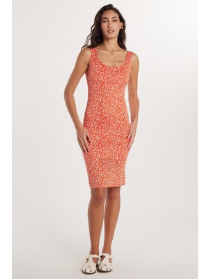 Tudors Kadın Slim Fit Dar Kesim Kalın Askılı U Yaka Baskılı Elbise