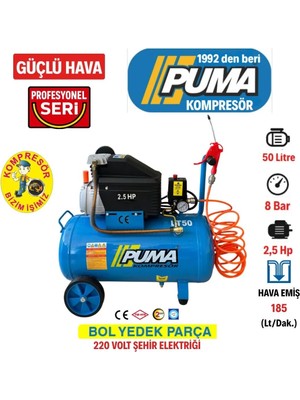 Puma Hava Kompresörü 50 lt (Yağlı) 50 litre Kompresör 5 metre hava hortumu ve Hava Tabancası HEDİYE