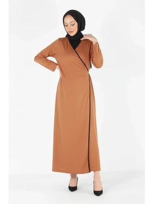 Plistre 1998_PRATIK Yandan Bağlamalı Kruvaze Biye Kuşaklı %100 Pamuk Kumaş Tesettür Namaz Elbisesi