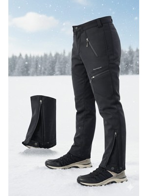 Snowmount Erkek Siyah Softshell Su İtici Rüzgar Geçirmez İçi Polarlı Paça Fermuarlı Outdoor Kışlık Pantolon
