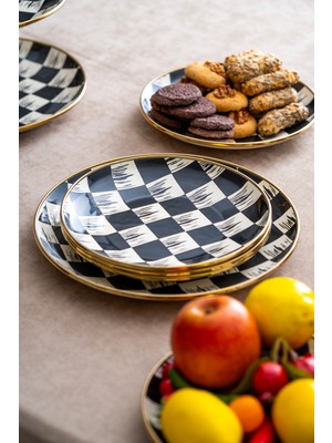 UltraMint Şık Emaye Pasta Servis ve Sunum Seti 7 Parça Dama Dekor