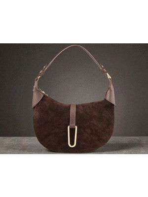 MuadilMarka Süet (Gerçek Deri) Kruvasan Model Omuz Çantası