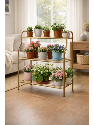 Arvion Home Gold 3 Katlı Metal Mutfak ve Dekoratif Saksılık Rafı-Organizer