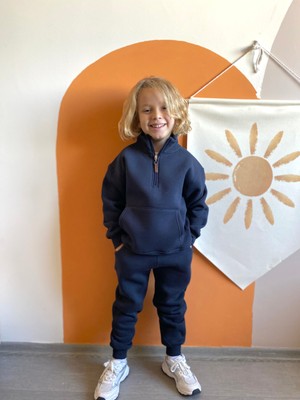 Seftex Erkek / Kız Çocuk Dik Yaka Sweatshirt Kangru Cepli 3 Iplik Şardonlu