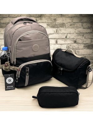 Ilk Okul Çantası 3'lü Seti Unisex Çocuk Ilkokul Çantası BVT-8010 Vizon-Siyah