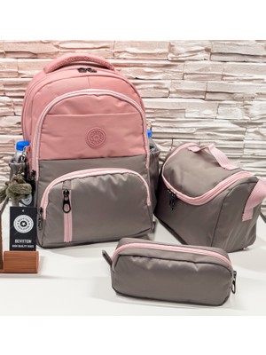 Ilk Okul Çantası 3'lü Seti Unisex Çocuk Ilkokul Çantası BVT-8010 Pudra-Vizon