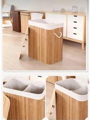 Storemax Çamaşır Sepeti Doğal Bambu Katlanabilir Kirlilik, Yıkanabilir Çıkarılabilir Astar Torbalı, Sele Görünümlü Şık ve Dayanıklı Çamaşır Sepeti, Kapaklı ve Ergonomik Tasarım (2 Bölmeli)