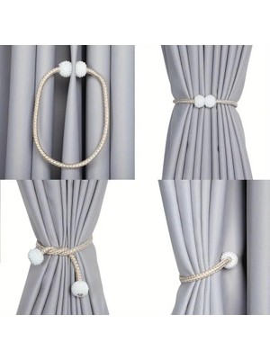 Storemax Bej Manyetik Perde Klipleri Iç Dekorasyon Inci Topları Tokası 2 Adet Perde Toplama Aparatı