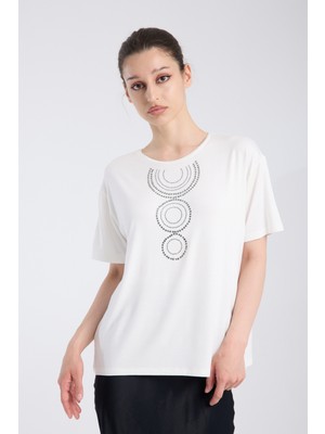 Vita Fortuna Kadın Taş Işlemeli Yuvarlak Yaka Rahat Kalıp Kısa Kollu Tişört - VK0036