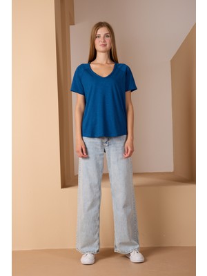 Vita Fortuna Örgü Detaylı V Yaka Kısa Kollu Kadın Tişört - VF0044