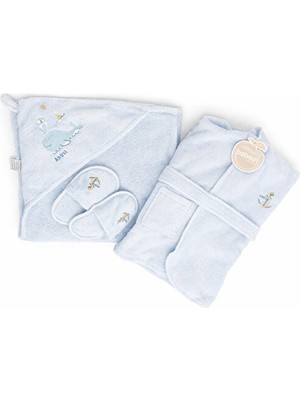 Bebessi Erkek Bebek Banyo Seti %100 Pamuk – Kapüşonlu Havlu, Bornoz ve Terlik – Açık Mavi