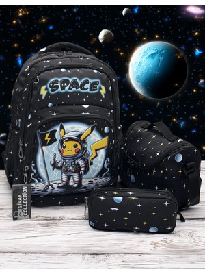 MegiHero  Erkek Çocuk Ilk Okul Çantası 3'lü Set Ilkokul Çantası Siyah Karakter Desenli Takım