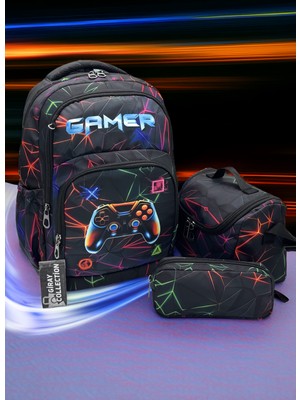 MegiHero  Erkek Çocuk Ilk Okul Çantası 3'lü Set Ilkokul Çantası Siyah Karakter Desenli Gamer
