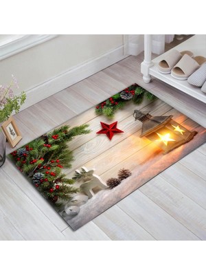 Storemax Alcadizayn Yeniyıl Yılbaşı Kokina Fener Yıldız Geyik Desen Modern Dekoratif Kapı Önü/içi Paspası Çok Renkli 40 x 60