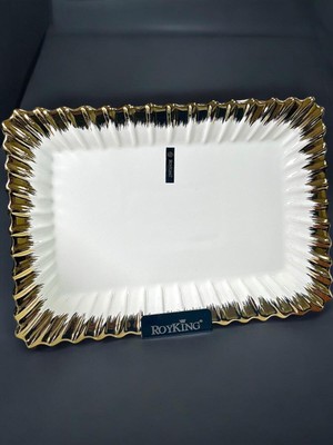 UltraMint Şık 36X25 cm Altın Detaylı Dikdörtgen Sunum Tabağı