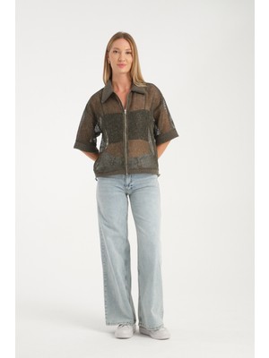 Vita Fortuna Kadın File Örgü Fermuarlı Kısa Kollu Polo Yaka Üst - VK0018