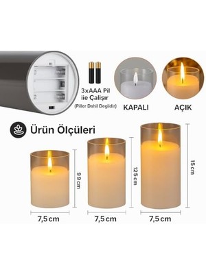Storemax Prag 3’lü LED Mum Seti | 3200K Işık | Pilli Çalışan (3×aaa – Dahil Değil) | Gerçek Alev Efektli, Dekoratif Cam Mumlar | Ev, Salon, Yılbaşı, Masa Üstü Kullanım