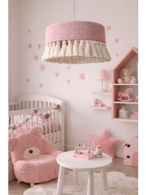 Yutedekor Bohem Makrome Pembe Avize – Çocuk Odası, Salon, Yatak Odası, Kafe & Restoran Aydınlatma - 35 cm
