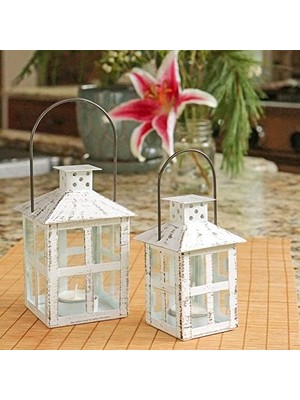 Storemax Aspen 14110WT Beyaz Eskitilmiş Küçük Fener Mum, Demir