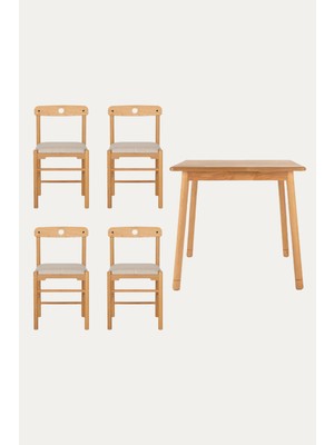 Unboxdeco 2-4 Kişilik Alaçatı Masif Kayın Ahşap Masa Takımı, 4 Adet Sandalye ile, Bej 80x80 cm