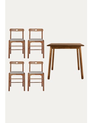 Unboxdeco 2-4 Kişilik Alaçatı Masif Ceviz Ahşap Masa Takımı, 4 Adet Sandalye ile, Bej 80x80 cm