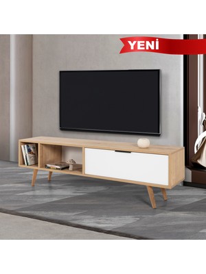 EVMO Home 3640 Venüs Tv Ünitesi 160 cm ( Ahşap Ayaklı , Metal Kulplu ) , Safir - Beyaz