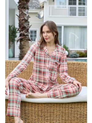 Remsa Kadın Ekose Desenli Önü Düğmeli Yumuşak Milan Kumaş Pijama Takımı 250347-1 Bej