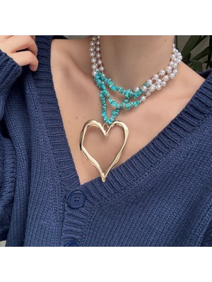 Alice İsstanbul Marka Turkuaz Taşlı Inci Kalp Kolye