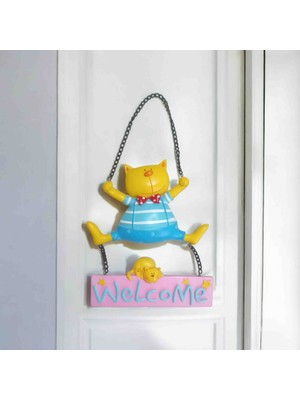 Lal Dizayn Figürlü Renkli Hoş Geldiniz Yazısı / Çocuk Odası & Kapı Girişi Duvar Süsü- Kedi Figürlü