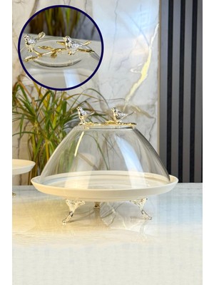 UltraMint Cam Kapaklı Porselen Kek Fanusu ve Ayaklı Pasta Standı