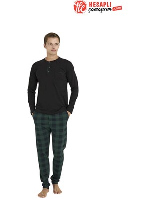 Kly Büyük Beden Erkek Rahat %100 Pamuklu Düğmeli Yaka 4 Mevsim Uzun Kollu Ekose Pijama Takım