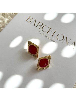 Alice İsstanbul Üçgen Bordo Mineli Gold Vintage Küpe