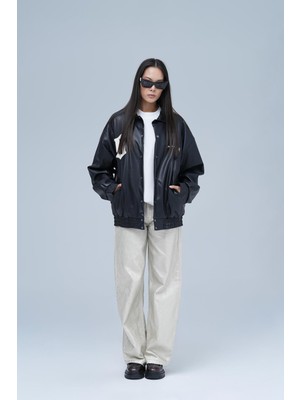 Saw Urbanity Kolej Tarzı Oversize Deri Bomber Ceket Kadın Siyah