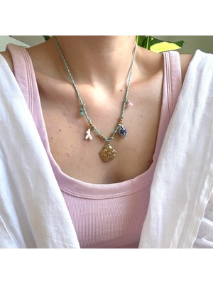 Alice İsstanbul Çelik Turkuaz Ipli Murano Charmlı Kolye