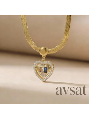 Melike Steel Italyan Zincirli Kalp Çevresi Taşlı Gold Renk  Paslanmaz Çelik Kadın Kolye