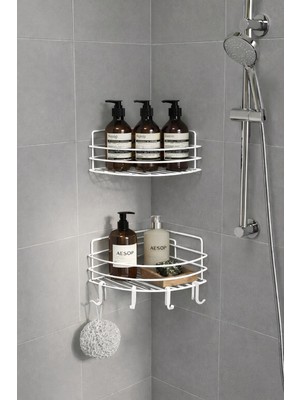 Sas Haus Tek Katlı Köşe Duş Rafı – Kancalı Banyo Şampuanlık & Organizer 2 Adet Beyaz Tk-01