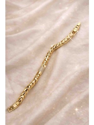 Xuping Gold Renk Taş Detaylı Kavisli Zincir Bileklik | Şık ve Modern Tasarım