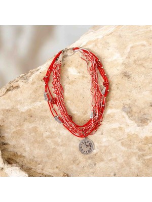 Lal Dizayn Boncuk Kırmızı Kolye - El Yapımı - Bohem Kadın Aksesuar