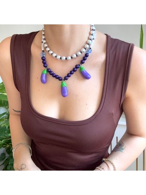 Alice İsstanbul 2li Incili Boncuklu Patlıcan Kolye