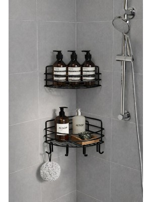 Sas Haus Tek Katlı Köşe Duş Rafı – Kancalı Banyo Şampuanlık & Organizer 2 Adet Siyah Tk-01