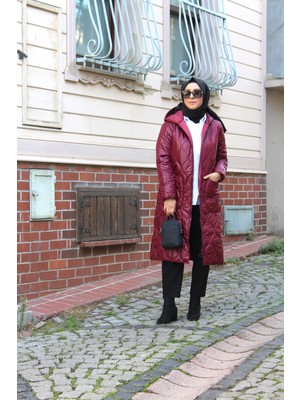 Tuğba Sarı Bordo Kapitone Uzun Cepli Kadın Mont