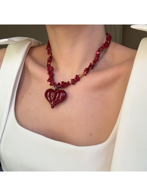 Alice İsstanbul Bordo Kırık Boncuklu Kalp Kolye