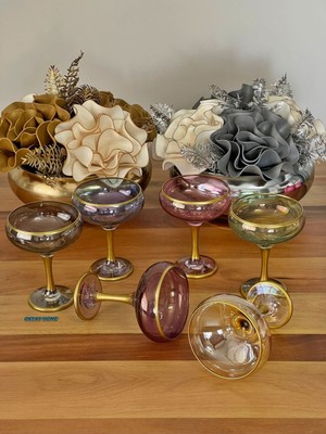 UltraMint 6'lı Ayaklı Cam Dondurma ve Çerezlik Seti, Gold Yaldızlı, Renkli Tasarım