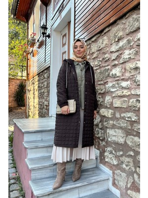 Tuğba Sarı Kahverengi Giy Çık Uzun Kadın Mont