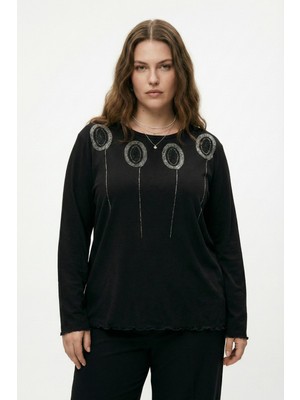 Şuranur Taş Desenli Uzun Kollu Bambu Viskon Kumaş Bluz