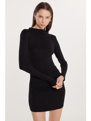 Tudors Kadın Modal Kumaş Standart Fit Uzun Kollu Bisiklet Yaka Siyah Elbise