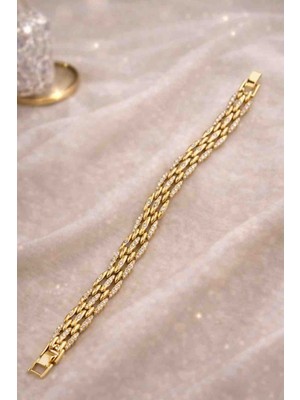 Xuping Gold Renk Çok Sıralı Taşlı Bileklik | Örgü Zincir Şık Kadın Bileklik