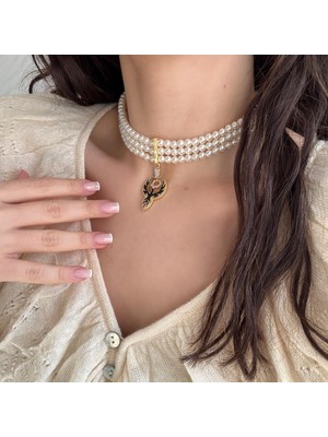 Alice İsstanbul Siyah Mineli Incili Anka Choker Kolye