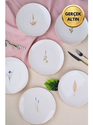UltraMint Natura Karma Altın Yaldız Porselen Pasta Tabağı Takımı 20,50CM 6'lı