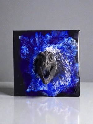 3D T-Rex Kafatası Mavi Epoksi Duvar Tablosu, El Yapımı Heykelsi Sanat Eseri, 35X35 Cm, Modern & Statement Tasarım